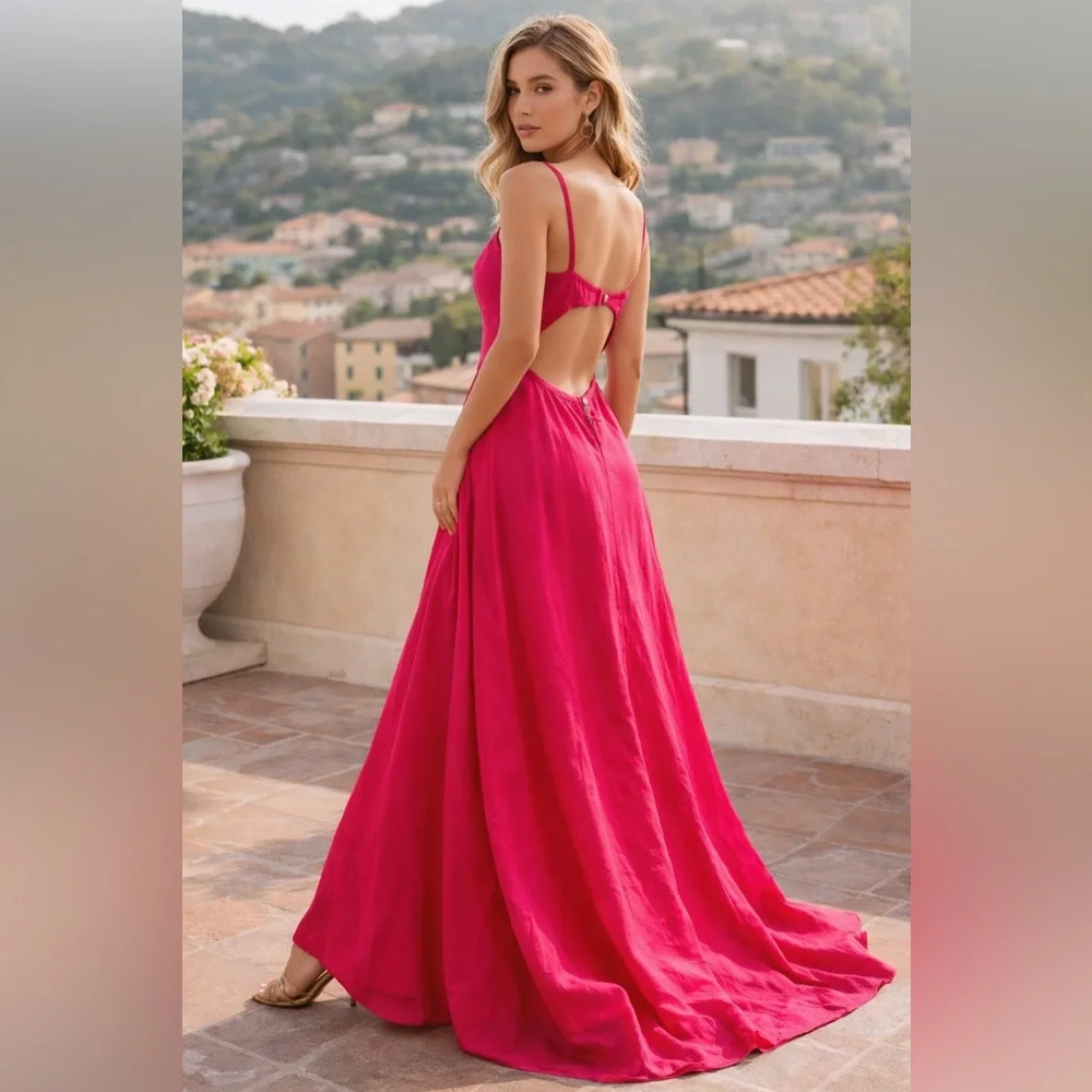 Abercrombie & Fitch Fuschia Pink Open Back Maxi Dress Gown Cotton Formal LT
